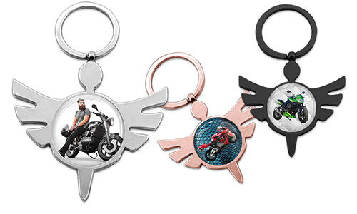 Personalised angel keychain with photo of motorcycle and his owner!