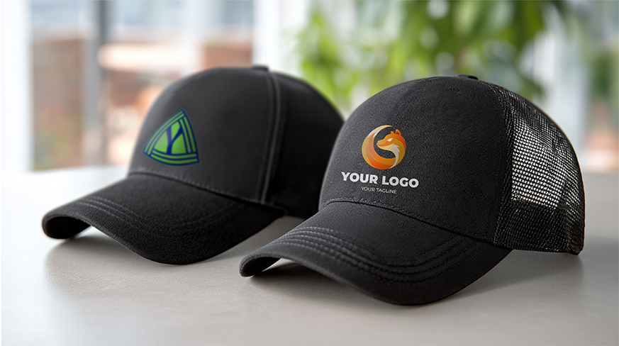 Zwei Caps: eines mit YOUR LOGO und Fuchs-Emblem, eines mit grün-blauem Dreieck, Innenraum