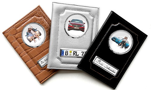 Standard car document holder with car/photo and license plate for your sister