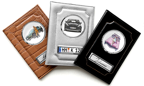 Standard car document holder with car/photo and license plate for yourself