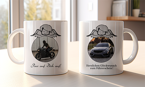 Two white mugs with angel graphics and vehicle photos (motorbike, car), featuring German safety and congratulatory messages