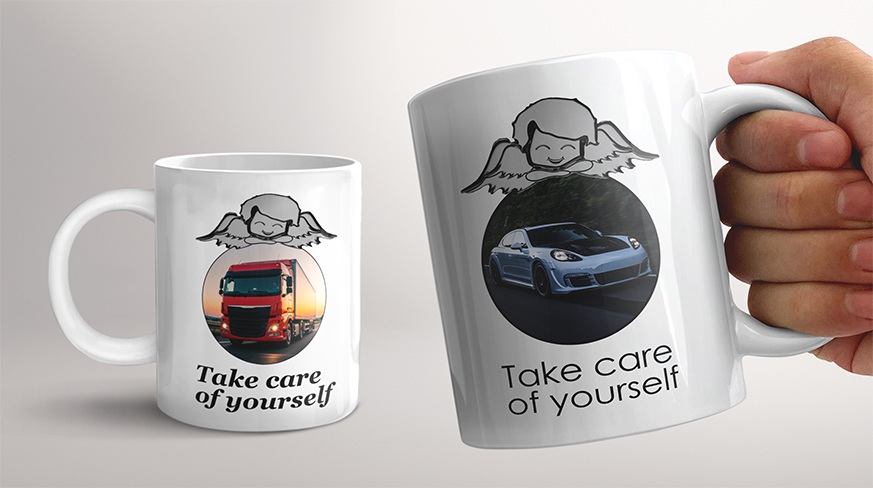 Two white mugs with angel graphics and vehicle photos (truck, car), each labeled “Take care of yourself.”