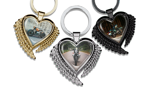 Heart-shaped keychain with wings and a photo of your motorcycle