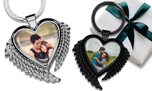 Heart-shaped keychain with wings and a photo of your boyfriend