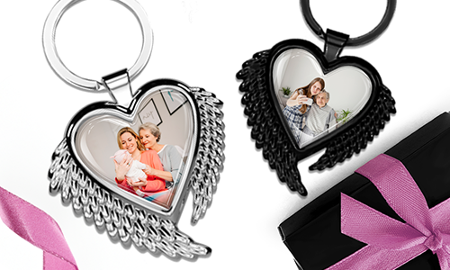 Heart-shaped keychain with wings and a photo of your grandma