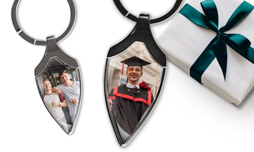 Narrow sheild keychain with your son photo