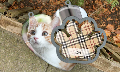Heart-shaped kitten photo tag with plaid paw overlay labeled “IDA” — rustic outdoor setting with autumn leaves.