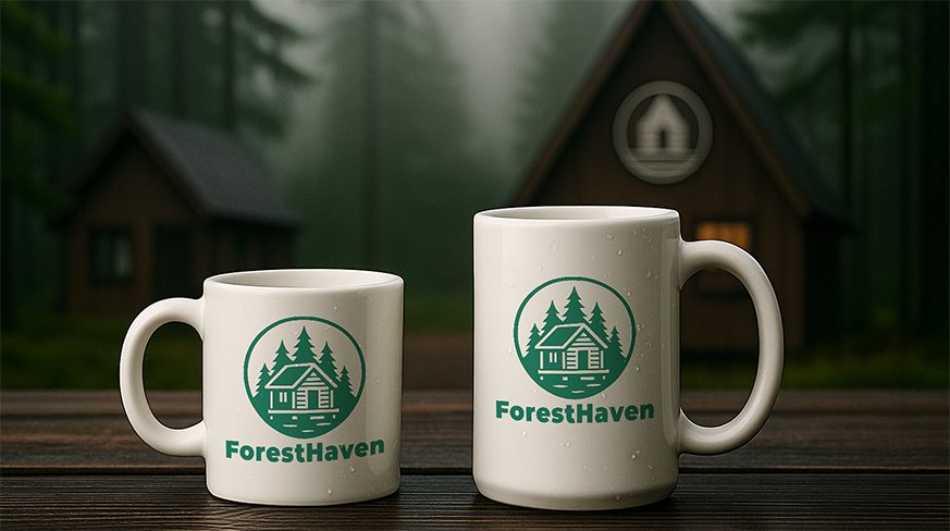 Two ForestHaven mugs on wooden surface with forest cabins in misty background