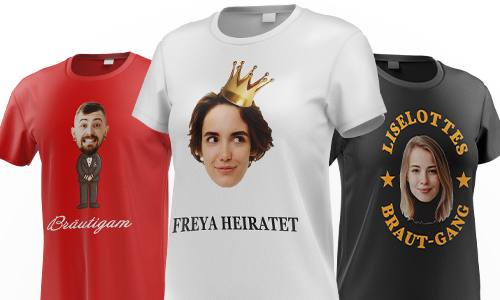 Three custom wedding t-shirts - groom caricature, bride with crown, and “bride gang” design with stars.