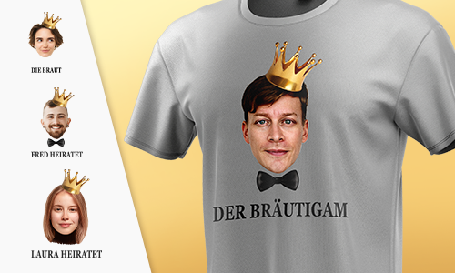 Gray t-shirt with “DER BRÄUTIGAM” groom design — side portraits labeled “DIE BRAUT”, “FRED HEIRATET”, and “LAURA HEIRATET”.