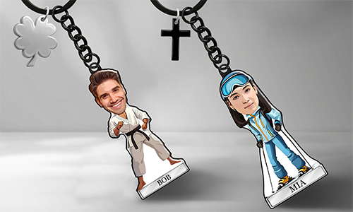 Custom keychain in comic style featuring name and sports hobby