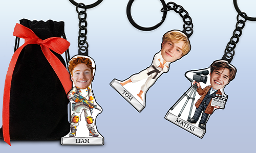 Comic-style keychain with custom name, hobby, or profession theme