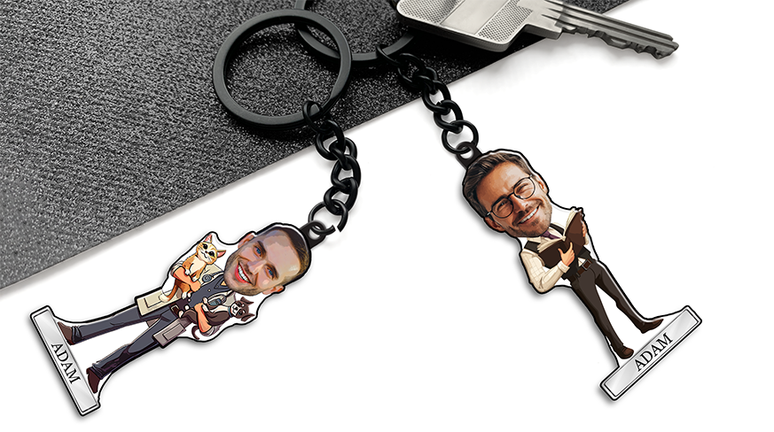 Personalized comic-style keychain for men with name and hobby design