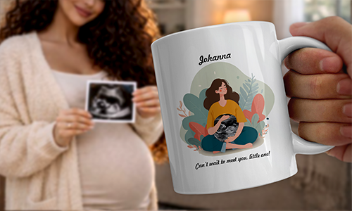 Pregnant person holding ultrasound photo; mug with Johanna name and illustrated belly, foliage background
