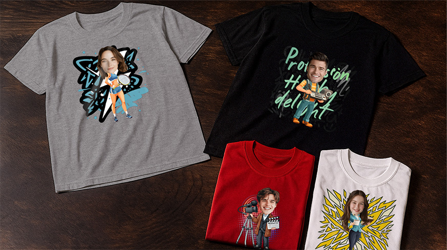 Personalisierte T-Shirts mit einzigartigen Designs, lebendigen Farben und stilisierten Charakteren für verschiedene Hobbys und Berufe