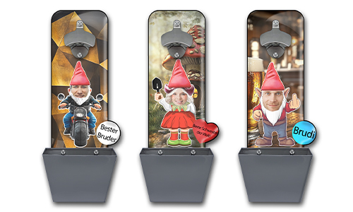 Personalized wall bottle opener garden gnome with cap catcher