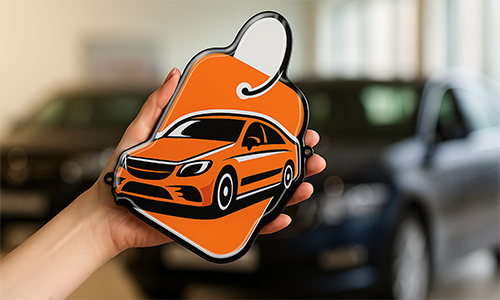 Hand holding large orange car tag with white outline — blurred showroom background with cars.