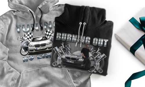 tuning pullover Grau mit dem Wagen auf dem Hintergrund turbo hoodie