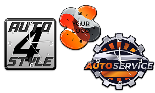 Drei Auto-Wanduhren: Quadratisch AUTO 4 STYLE, Abstrakt YOUR LOGO, Zahnrad AUTO SERVICE mit Autosilhouette