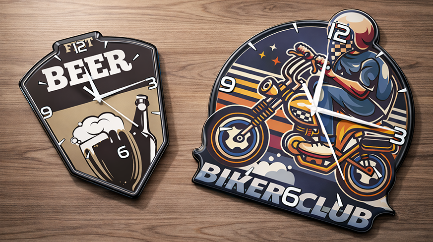 Zwei dekorative Wanduhren: Links Biermotiv mit BEER Schrift und Krug, Rechts Motorradmotiv BIKER6CLUB Design