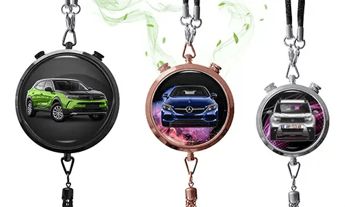 Three pendant-style frames with car images: black with green SUV, rose gold with blue Mercedes, silver with white car