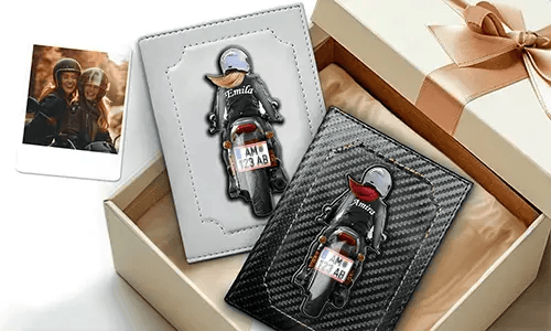 Personalised doc holder for motorcycle with name and licence plate - great gift for your sister