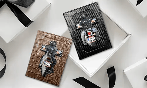 Vehicle registration document cover for motorcycle with boyfriend's name and license plate number