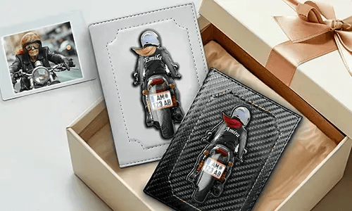 Vehicle registration document cover for motorcycle with grandma's name and license plate number