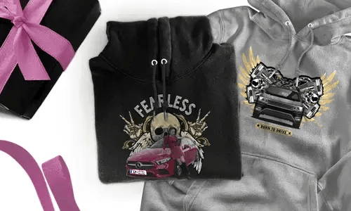 Personalised hoodie with car motif for your sister