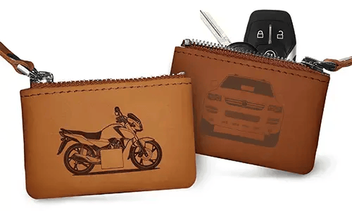 Two brown leather key pouches with zippers: one with motorcycle and plate 