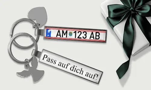 Personalized license plate keychain with heart and wing charms