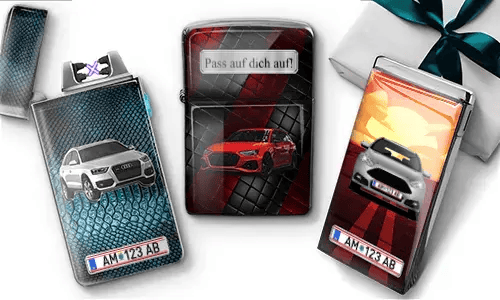 Three car-themed lighters: silver Audi SUV on blue snakeskin background, red sports car with 