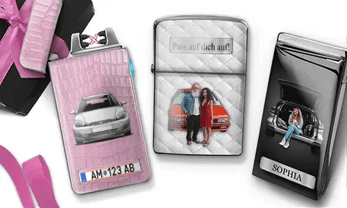Two decorative electric lighters with car-themed family photos: pink with vintage white car and 