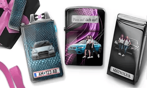 Three custom electronic lighters with car-themed photo prints: blue BMW with 