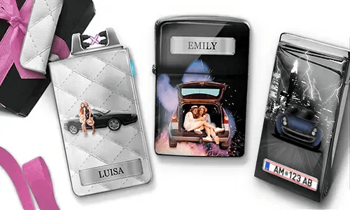 Drei personalisierte Feuerzeuge mit Auto-Motiven und den Namen „Luisa“ und „Emily“ sowie rosa Akzenten. Die Verpackung verleiht eine festliche Stimmung.