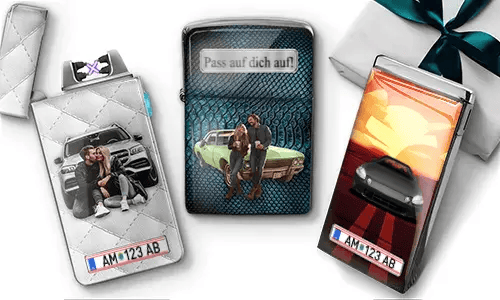 Custom cigarette cases with personalized images and license plates. Features couples with cars, a gift box, and a sign reading 