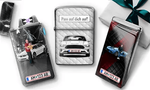 Personalized car lighters with dad photos, vehicles, license plates, and “Hab dich lieb, Papa!” design