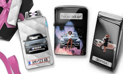 Three personalized stainless steel lighters featuring custom mother photos, cars, and “Beste Mama” messages.