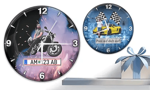 Two wall clocks with male figures and vehicles: left with motorcycle and flame background, right with yellow sports car and racing flags