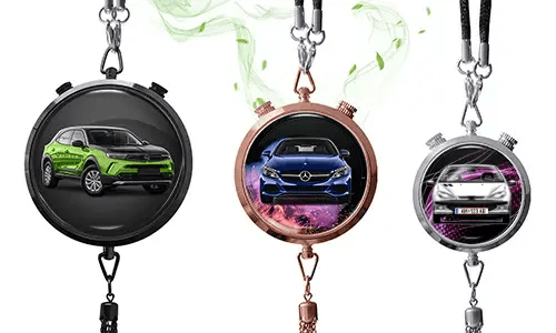 Three pendant-style frames with car images: black with green SUV, rose gold with blue Mercedes, silver with white car