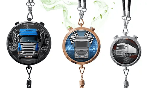 Three pendant necklaces with truck designs: blue truck with cityscape, silver truck with racing theme, white truck in tunnel