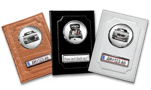 Personalized car document holders in three colors