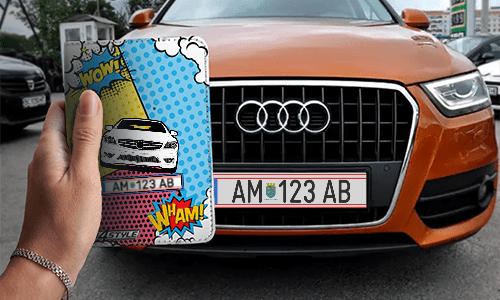 auto hülle Comic 1 in der Hand mit Audi auf dem Hintergrund auto hülle