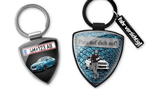 Shield photo keychain with custom car photo and license plate