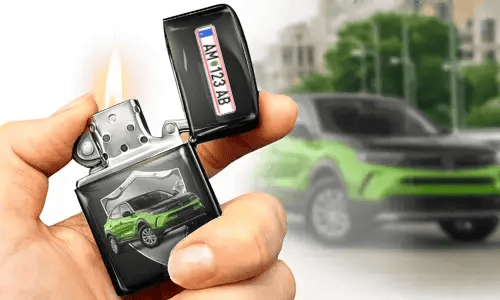 A hand holds a lit lighter with a green car image and license plate on it. A blurred green car is in the background, matching the lighter's design.