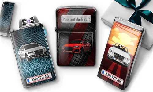Three personalized car-themed lighters with custom vehicle designs and license plates