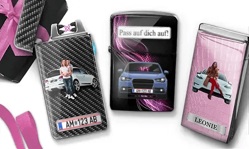 Three personalized stainless steel lighters with romantic car designs, custom photos, messages, and license plate details
