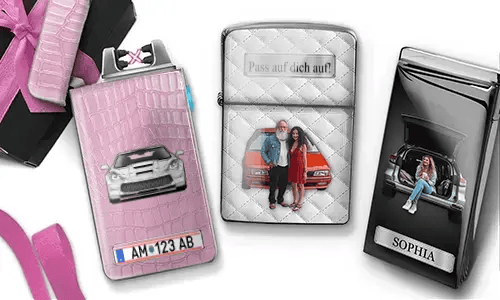 Two custom car-themed lighters featuring personalized family photos and unique designs
