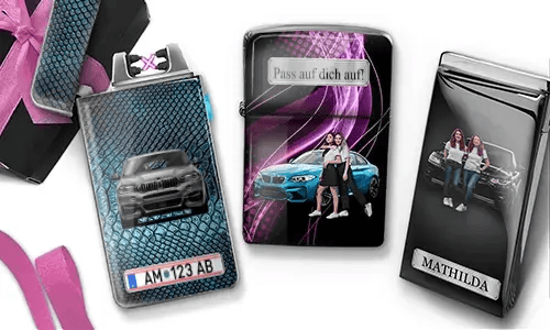 Three personalized car-themed lighters featuring custom photos, racing details, and unique vehicle designs.