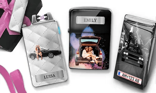 Drei personalisierte Feuerzeuge mit Auto-Motiven und den Namen „Luisa“ und „Emily“ sowie rosa Akzenten. Die Verpackung verleiht eine festliche Stimmung.